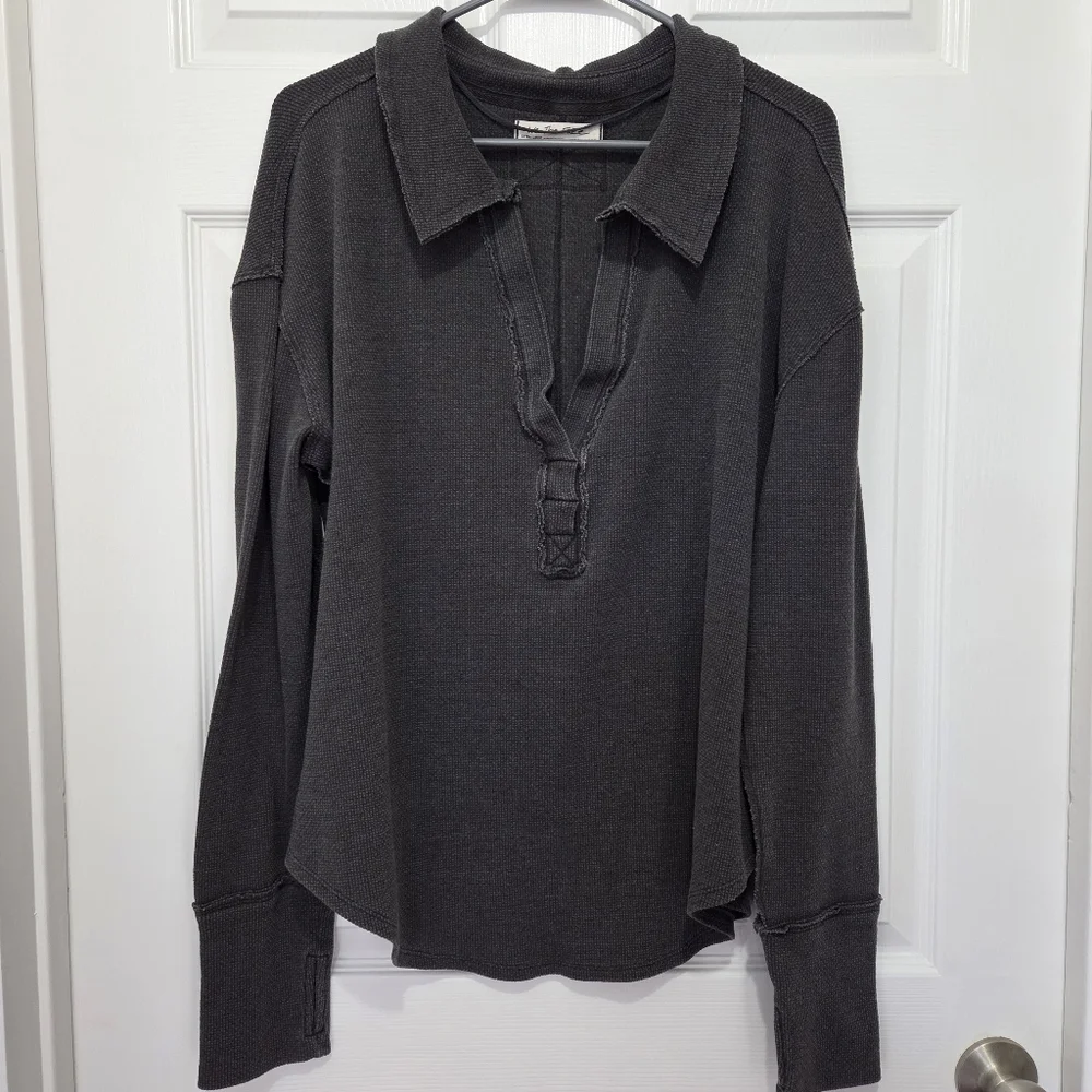 We The Free Women Anakin Thermal Long Sleeve Gray Oversize Waffle Knit Top Sz XL - Picture 3 of 11